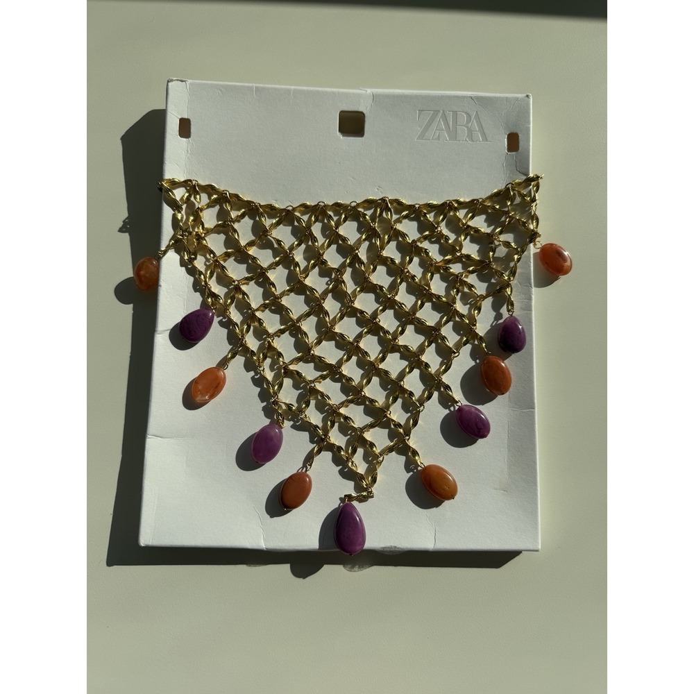 Zara Mesh Net Bib‎ Gold Necklace Resin Beads Bohemian Resort